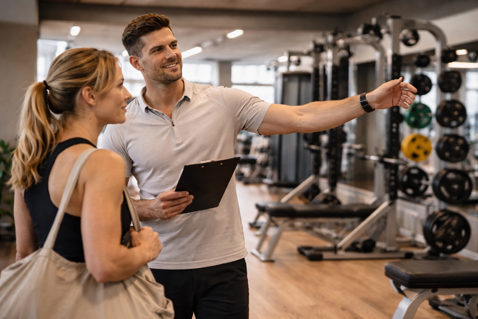 Head of Club & Sales legt sportschool uit aan nieuw lid tijdens persoonlijke rondleiding in 24/7 gym in Amsterdam