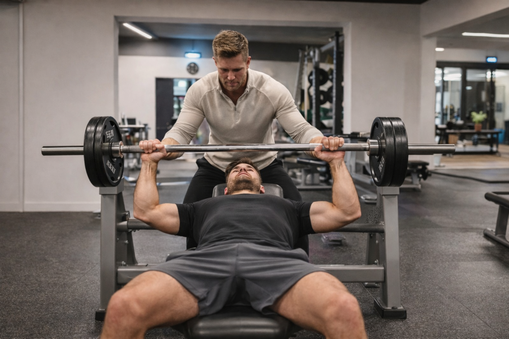 man voert bench press uit tijdens krachttraining voor spieropbouw in rustige sportschool