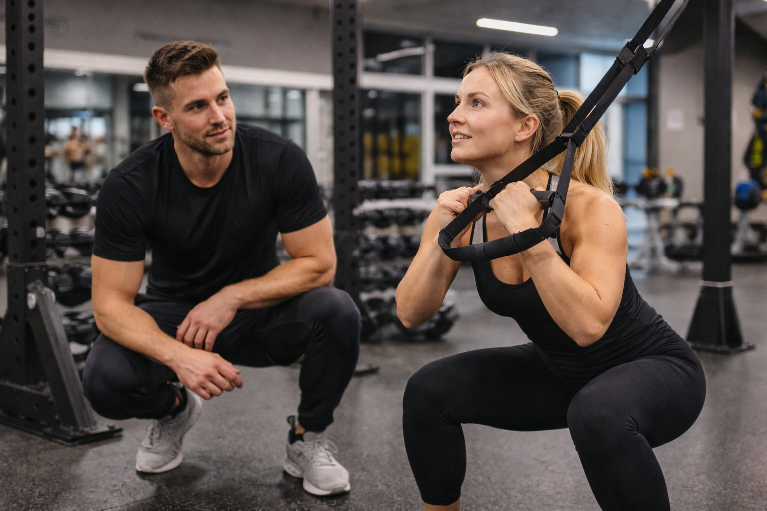vrouw doet trx squat tijdens krachttraining met trainingsbuddy in rustige sportschool