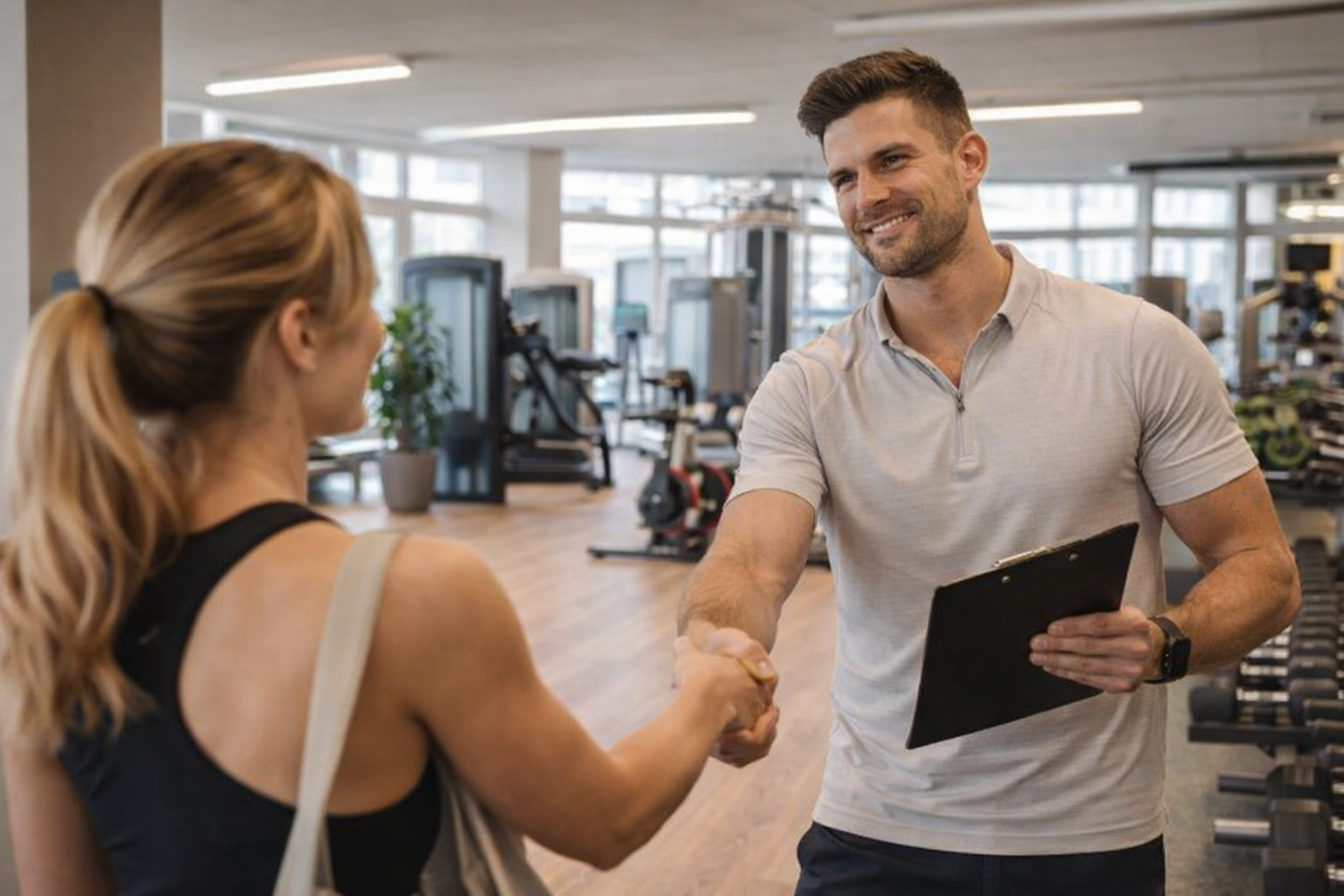 Head of Club verwelkomt nieuw lid tijdens persoonlijke intake in rustige sportschool in Amsterdam